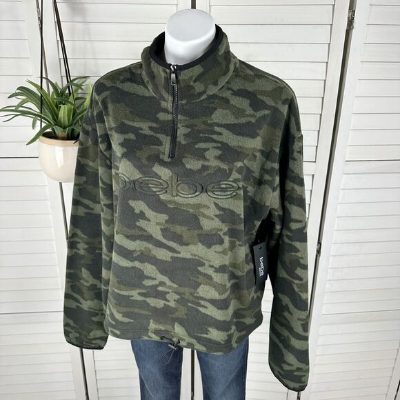 New Bebe Sport Polar Fleece 1/4 Zip Pullover Jacket Top Green Camo Women Size XL - Picture 1 of 7